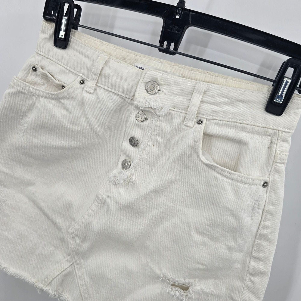 Zara Basic Mini Skirt Womens XS Denim White Distressed Mini Skirt Button Fly